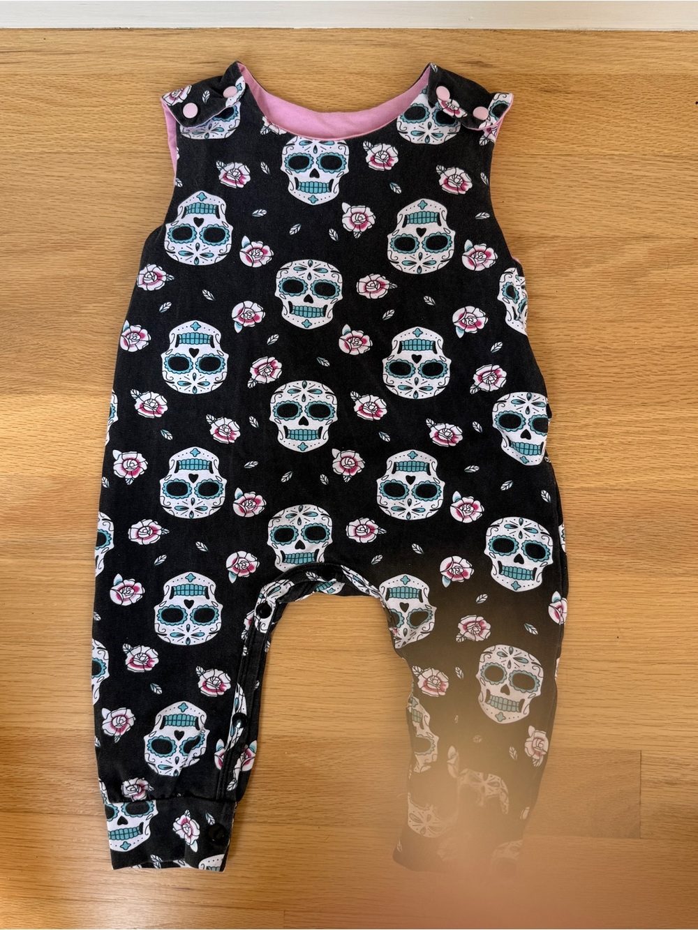 Kids Black Sugar Skull One-Piece Romper with Pink Accents